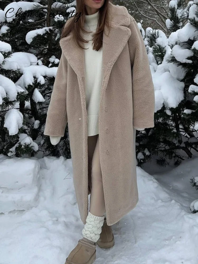 

Street Women's One Button Long Woolen Coat Loose Khaki Lapel Full Sleeve Pockets Overcoats 2025 Autumn Winter Lady Warm Outwear