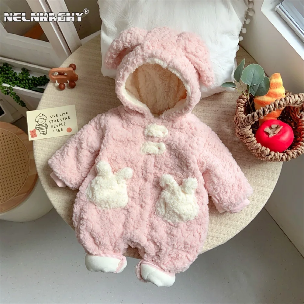 Winter New in Infant Baby Cute Outdoor Clothes - Kids Hooded Plush Thick Quilted Cartoon Bunny Jumpsuits , Toddler Romper 3M-3Y