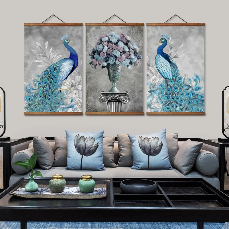 

AS3022 Chinese Style Peacock Room Wall Art Canvas Posters Chinese Solid Wood Scroll Paintings