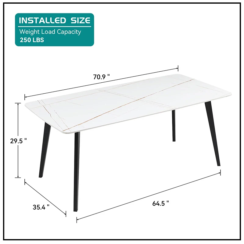 Meja Makan 70.8 inci, meja makan dengan batu sined, dan kaki logam, Meja dapur Modern untuk ruang tamu, ruang makan, rumah dan Offi