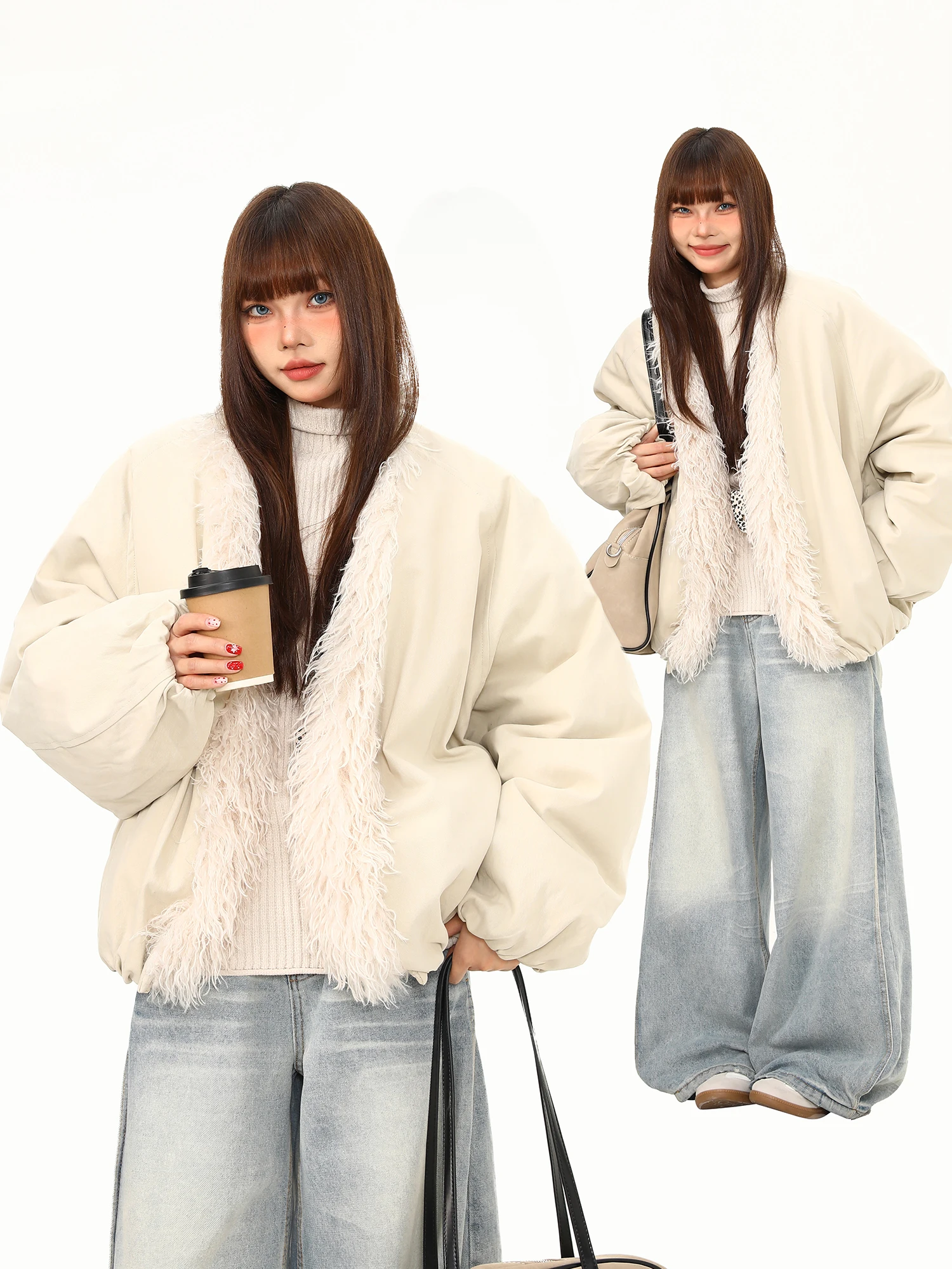 

Wildlife AZI Women's Oversized Plu Open Cardigan Autumn Winter Cotton Jaet Retro Loose Fit Apricot Color Mountain Eagle Coat
