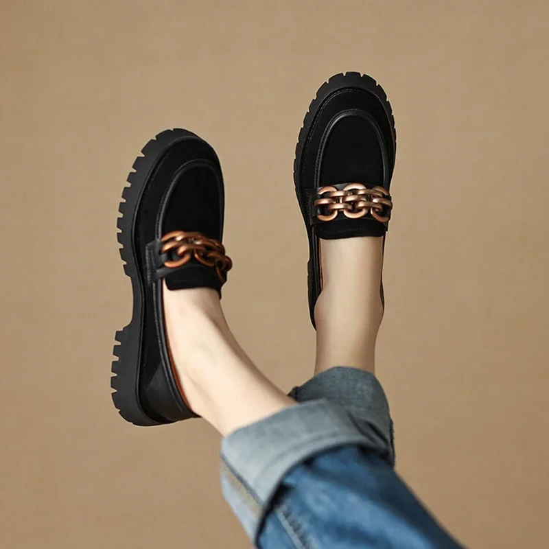 NEW Spring/Autumn Women Loafers Round Toe Chunky Heel Shoes Sheep Suede Shoes for Women Retro Metal Buckle Platform Women Shoes