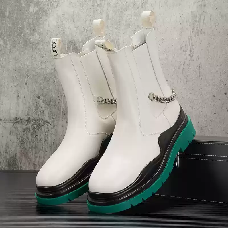 Men Platform Chelsea Boots British Style Thick Sole High Top Waterproof Casual Shoes for Men Leather Boots with Chain