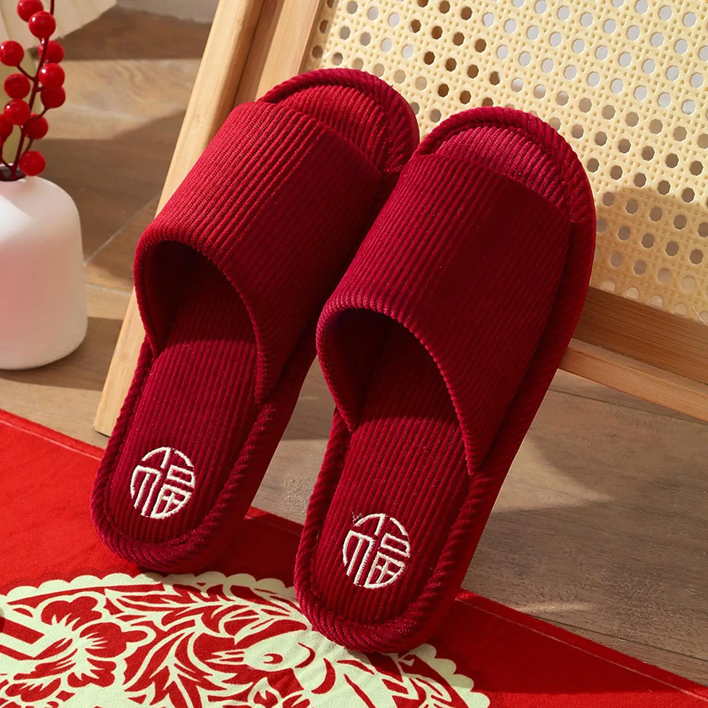 

Wedding Slippers Red Couple Home New Year Cotton Men Spring Autumn Winter New Cotton Shoes Summer Home Fabric Slippers
