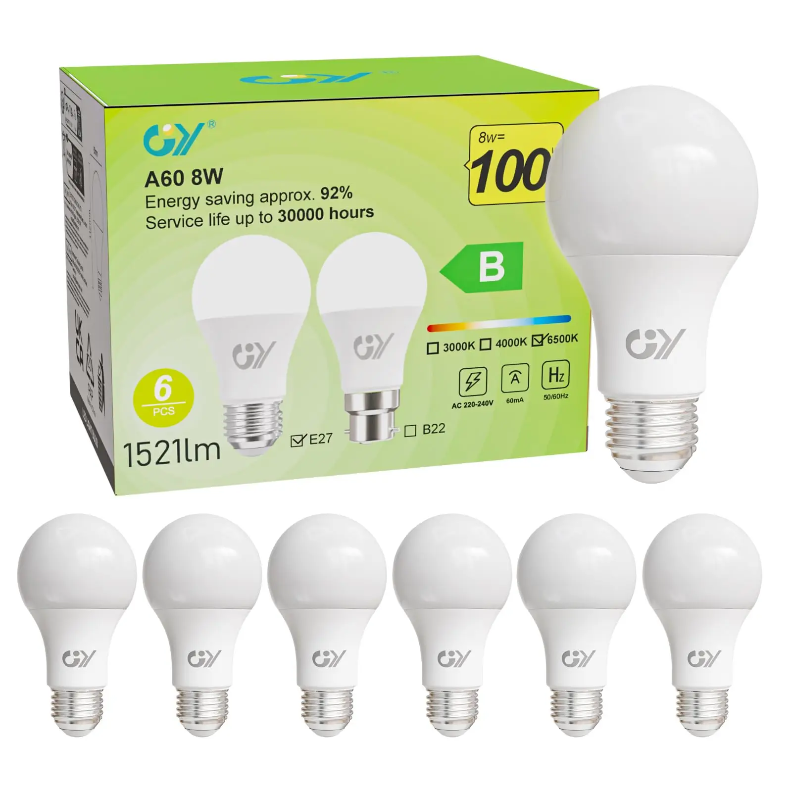 A60 E27 LED-Glühbirne 8W, 1521LM, energiesparende ES-Lampe, ersetzt 100W, 360 °   Abstrahlwinkel, nicht dimmbar, Energieklasse B, 6er-Pack
