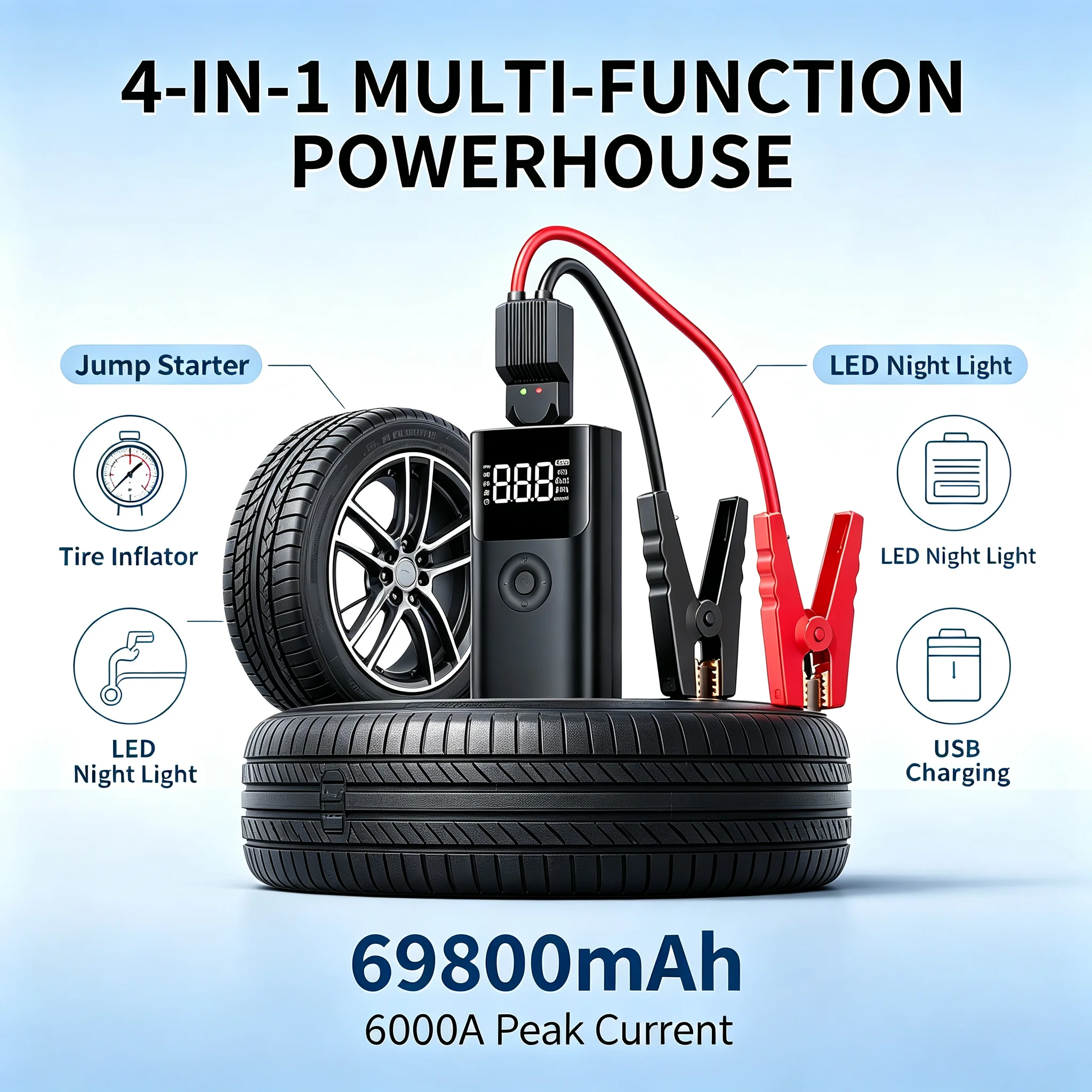 Portable Battery Emergency 12V Car Jump Starter Booster with Air Compressor Power Bank Peak 6000A Auto Battery Booster Air Pump
