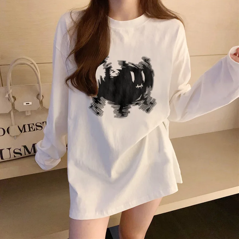 spring Autumn Women harajuku funny print T-shirt Long Sleeve T-Shirts Casual oversized T Shirt white y2k Tops Unisex streetweear