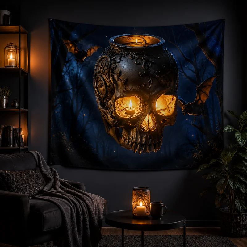VIKAMA Witchcraft Dark Gothic Tapestry, Vintage Skull Wall Hanging, Eerie Occult Art Print Tapestry, Home Decor