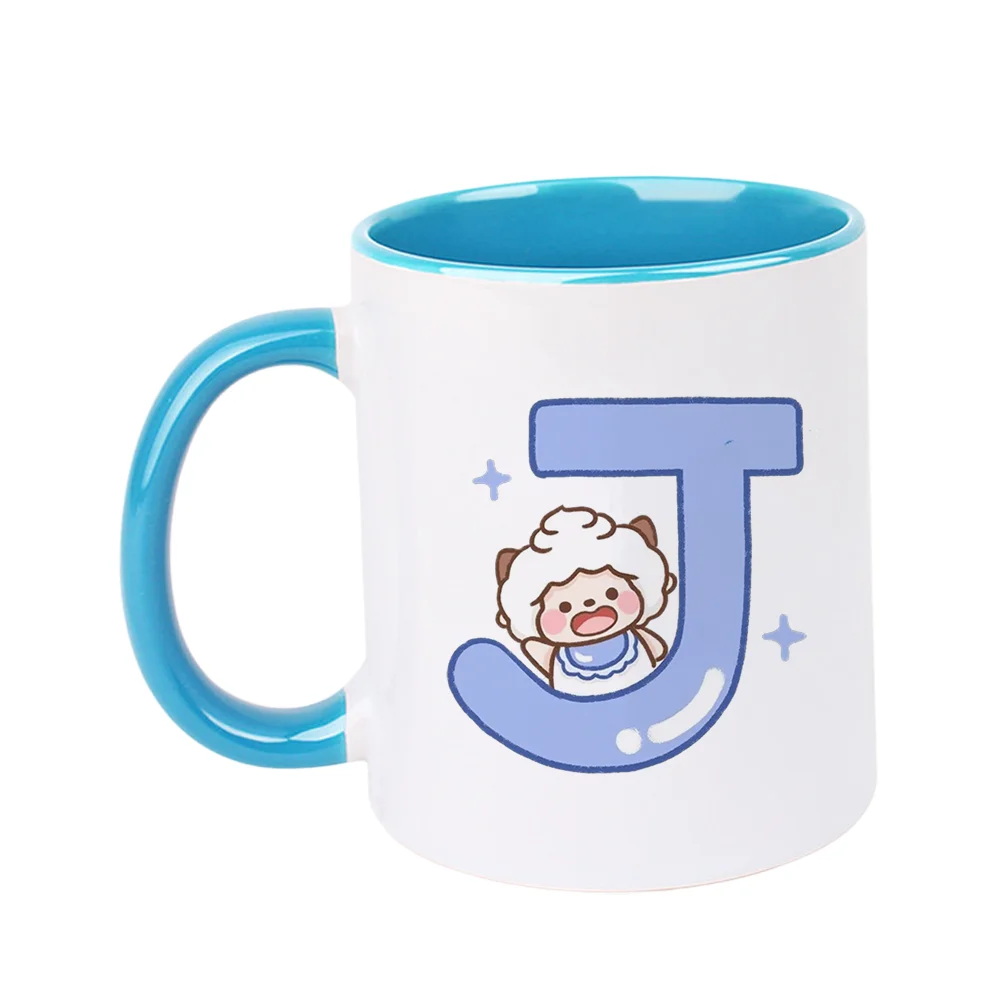 11oz Cute Sheep J Letter Print Ceramic Coffee Mug with Blue Star Design for Home Office Tableware Birthday Party Summer Drinking