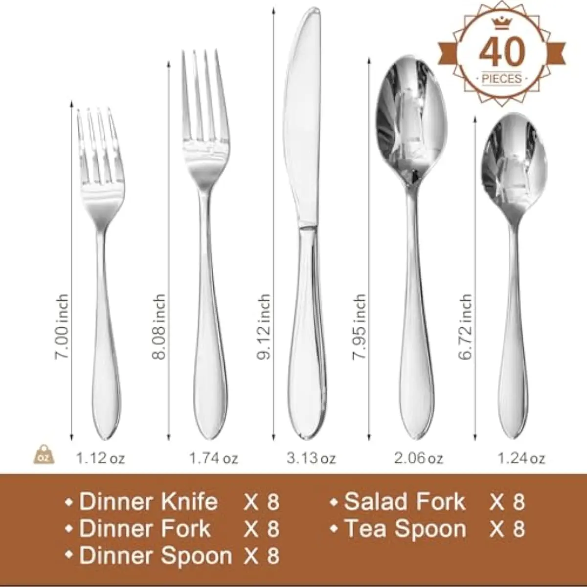 40-piece stainless flatware collection for 8 persons featuring dinner knives forks spoons salad forks teaspoons in durable 18/10