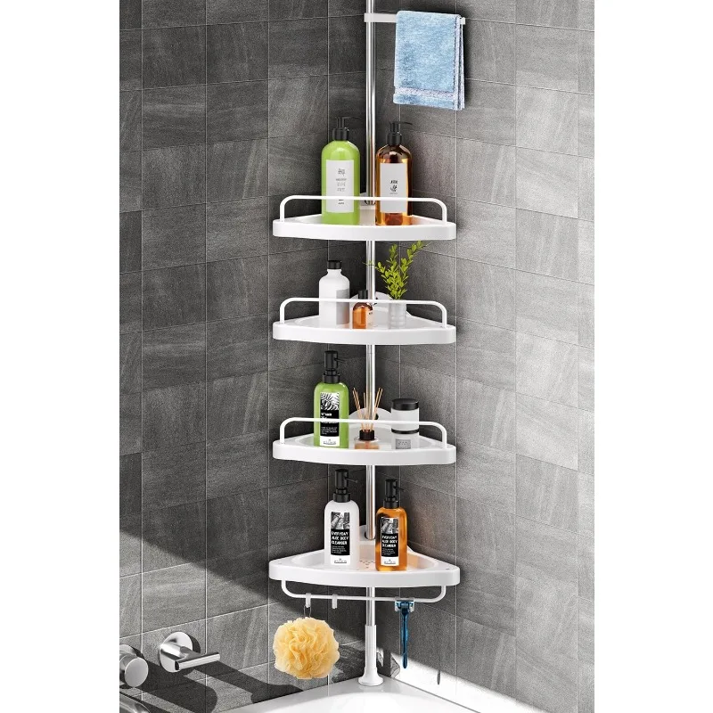 

Corner Shower Caddy Tension Pole: Adjustable Stainless Steel Shower Organizer with 4 Tier Shelf for Bathroom Bathtub Tub