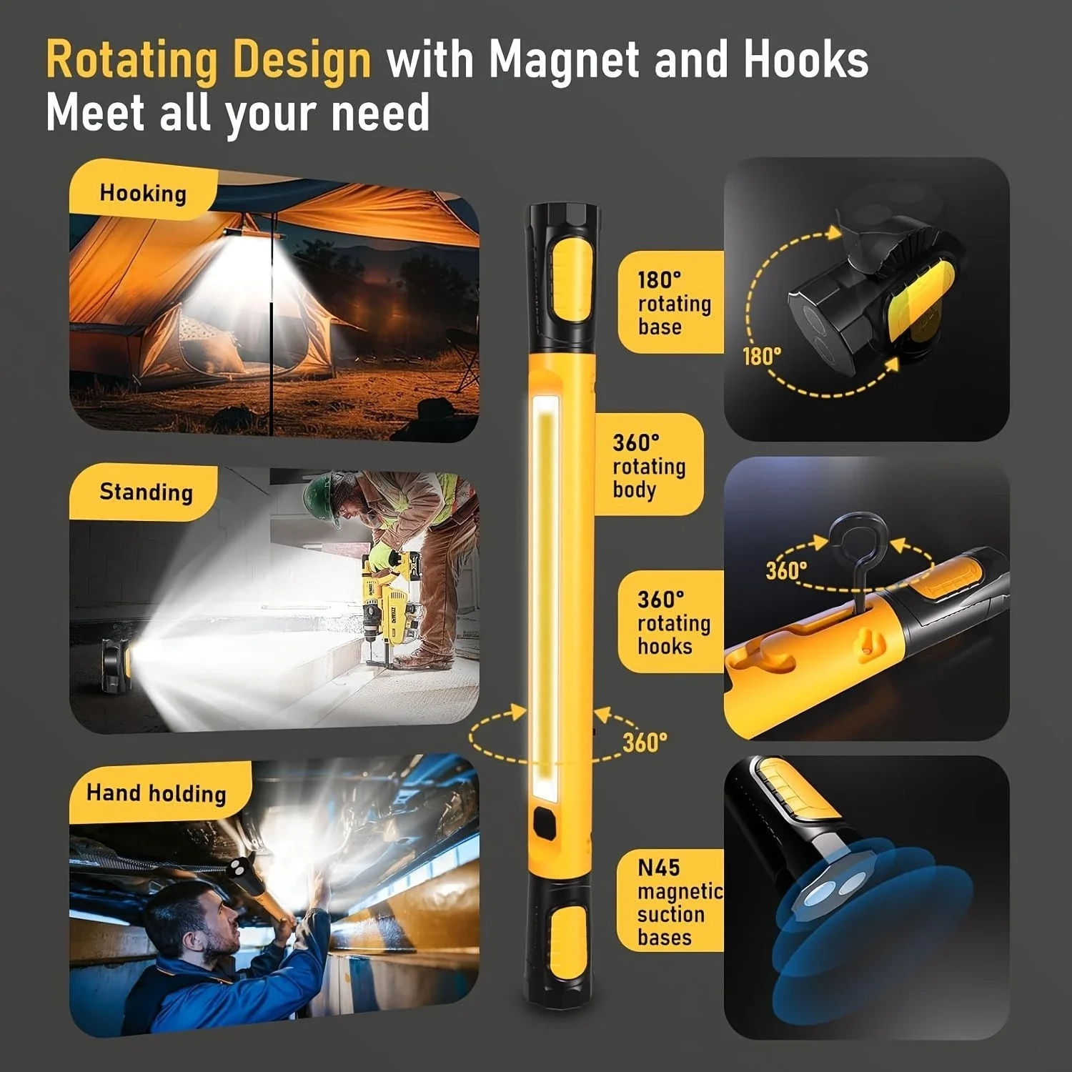 Portable LED Work Light 5200mAh Rechargeable Camping Lamp with Rotating Base & Hooks Magnetic Lamp Bar For Car Repair Emergency