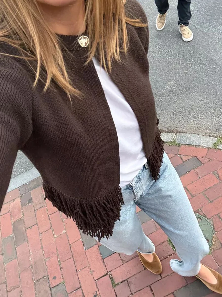 Damski sweter rozpinany z frędzlami w stylu vintage, z okrągłym dekoltem, długim rękawem, dzianinowy, jesienny, streetwearowy, modny sweter dzianinowy, nowość.