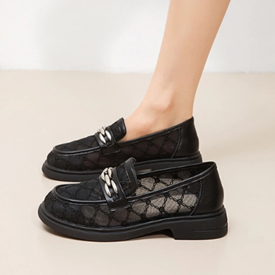 Net fabric breathable single shoes with soft soles, comfortable women's shoes, chunky heels, versatile loafers