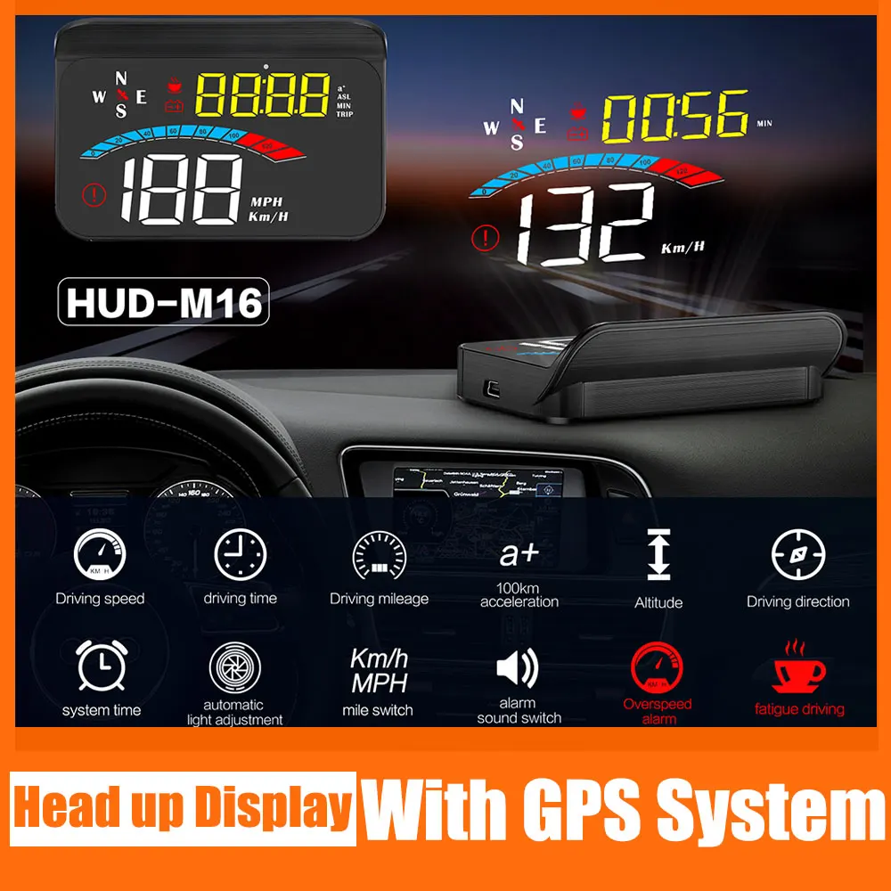 M16 HUD Head Up Display With GPS Digital Windshield Speed Compass Voltage KM/h MPH Over Speed Fatigue driving Alarm for All Cars