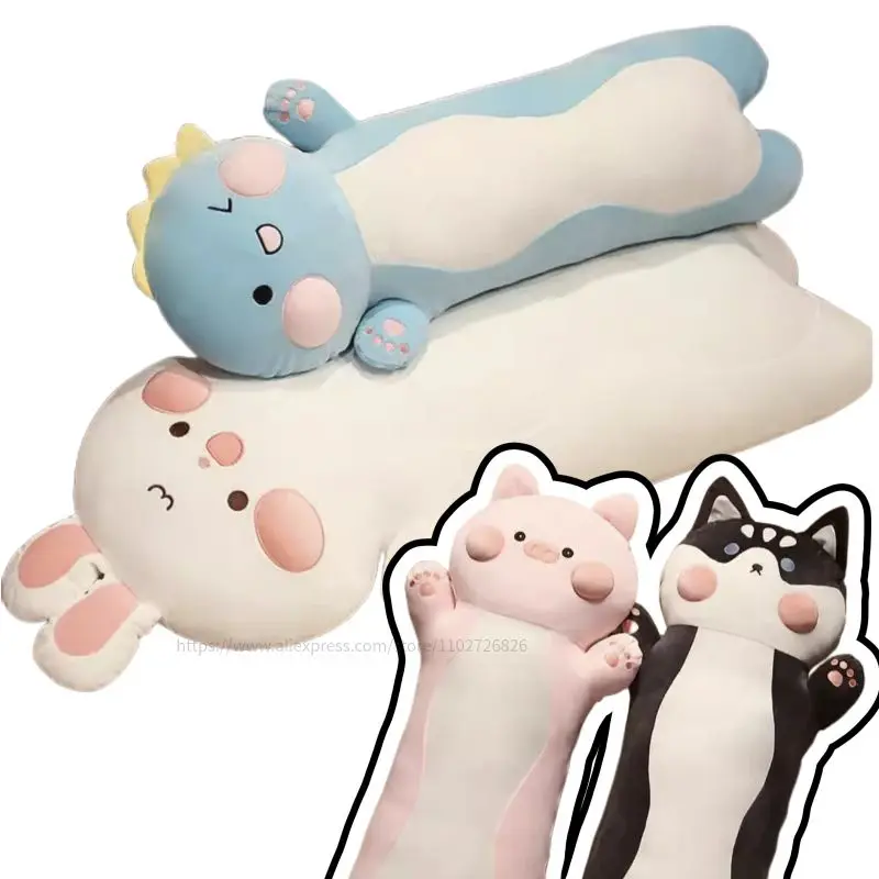 

90/110cm Animal Plush Long Pillow Pink Cheek Cartoon Stuffed Hug Doll Rabbit Dinosaur Pig Husky Dog Bear Sleeping Gift For Kids