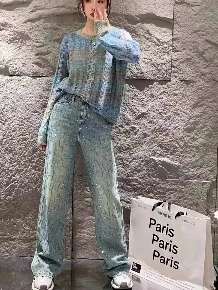 Jean diamant brillant pour femmes, taille haute, jambes larges, pantalon en Denim, strass bleu, pantalon de nettoyage, Streetwear, à la mode