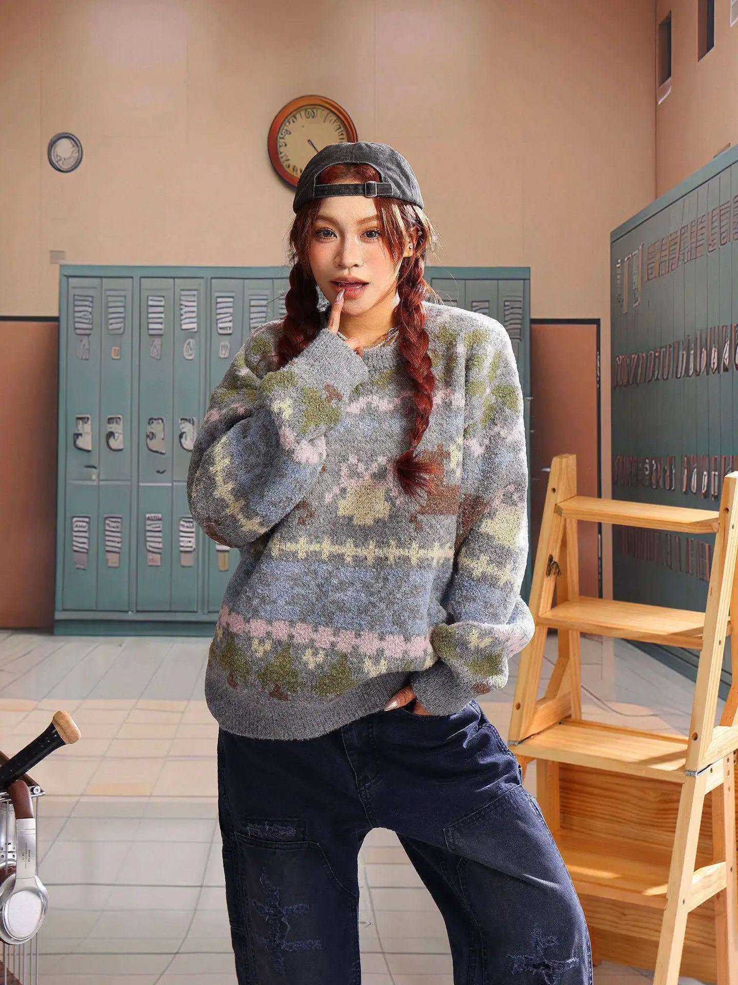 

Светло-голубой вязаный свитер Fair Isle для женщин, новинка ранней весны, винтажный мягкий свободный свитер-топ для молодых девушек