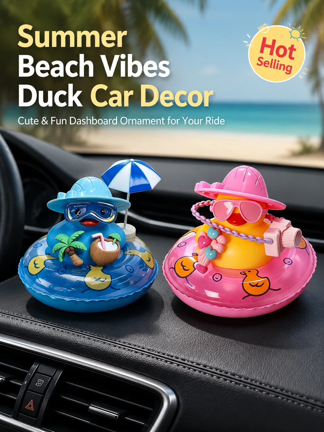 Summer Beach Vibes Duck Car Decor - Cute Dashboard Ornament, Heat-Resistant Rubber, DIY Accessories, Stable Mount