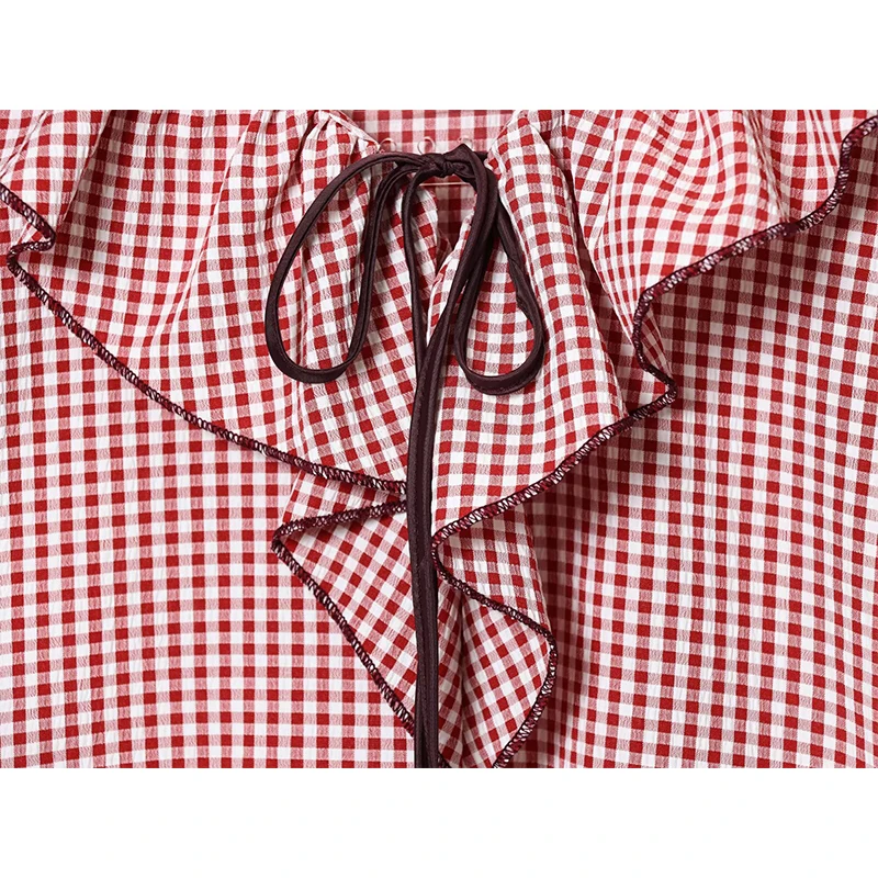 Casual damesoverhemden Mode gelaagde decoratie Klein geruit overhemd met lange mouwen Vrouwelijke blouses Chique tops ﻿