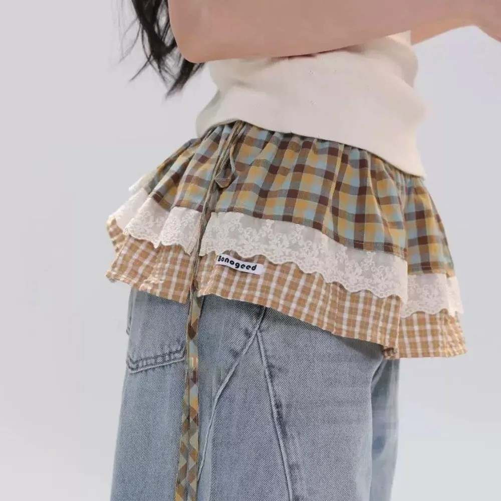 

Elegant Balletcore Plaid Fart Curtain Korean Style Stacked Ruffle Short Skirts Pastoral Style Lace Up Butt Curtain Women