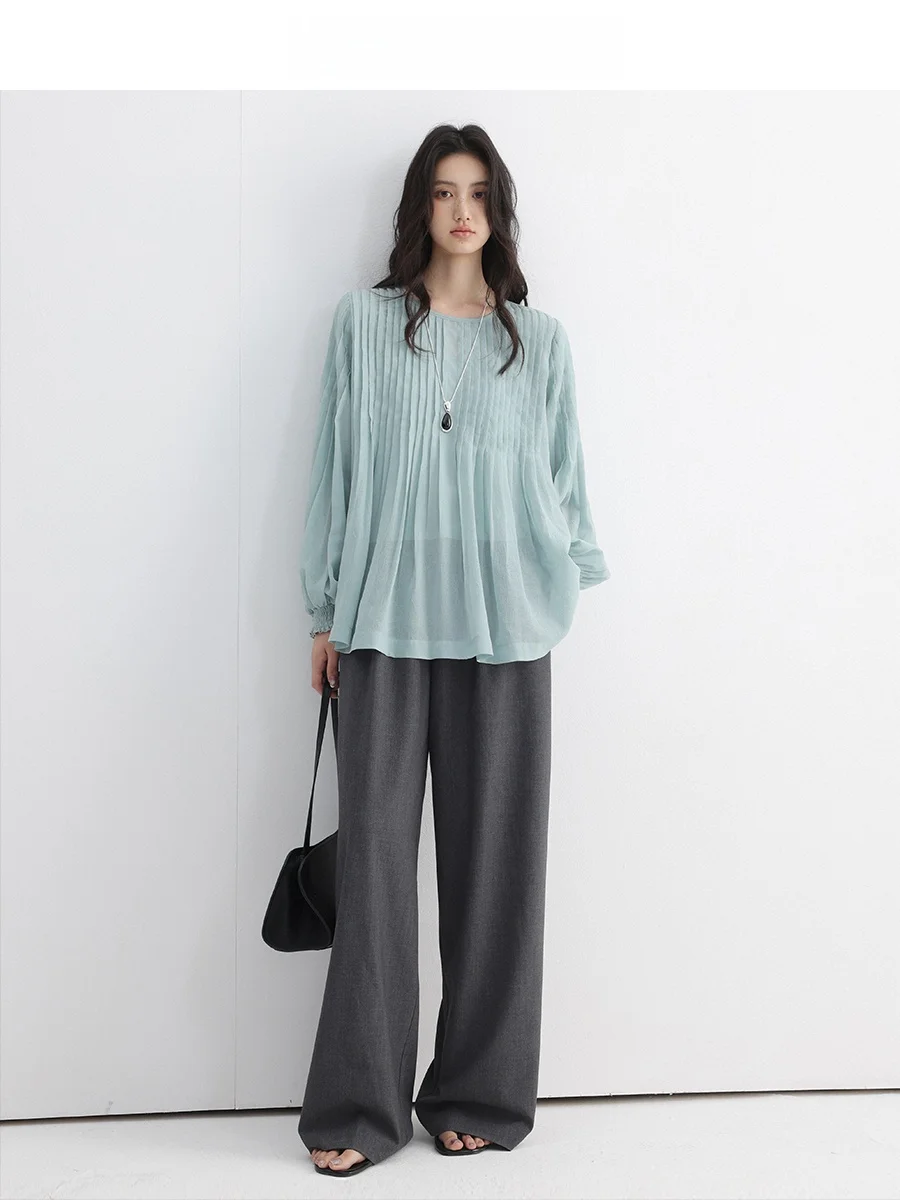 

Simple Chic Long Sve irt Women's Early Spring New Sle Lake Water Blue Top And Bot Two-Piece Set Casual Commute Sle