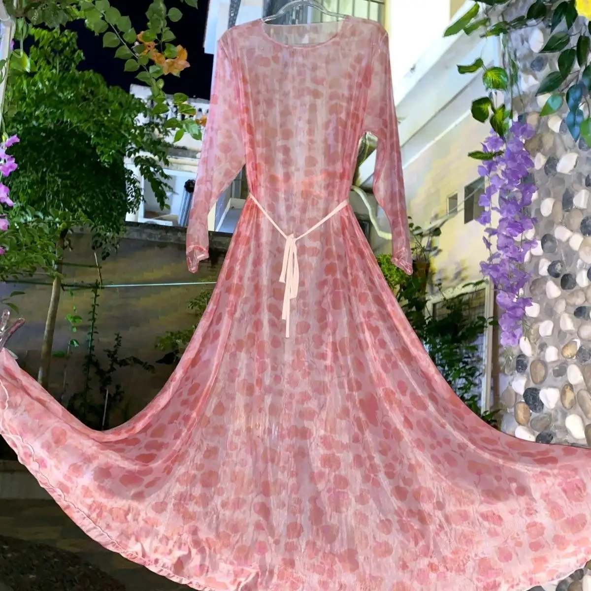 

Plus Size See Through Tulle Long Dress Men Women Floral Mesh Silky Smooth Party Long Sleeve Loose Night Dress Sleepin Robe Soft