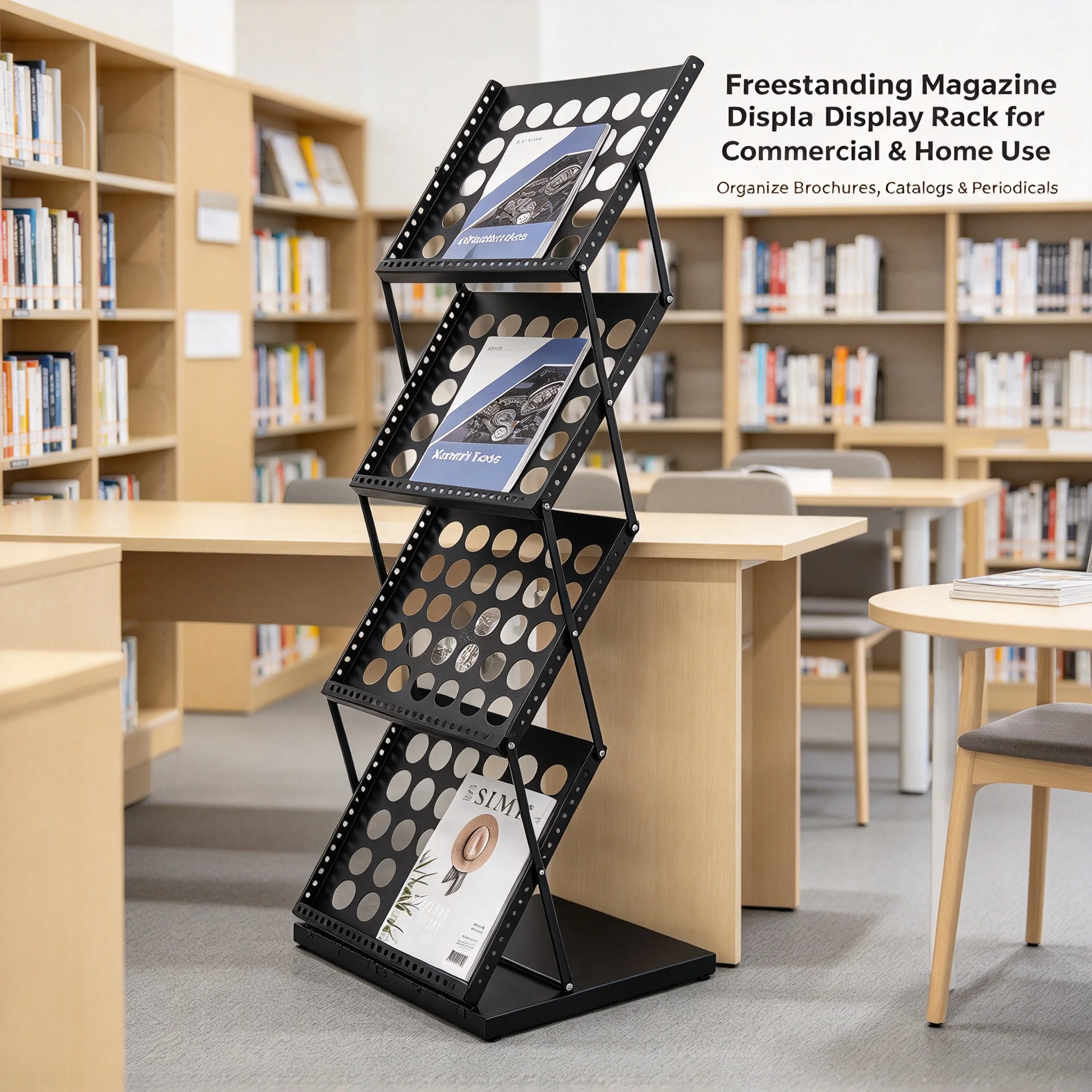 Freestanding Foldable Magazine Stand 4-Tier Magazine Display Rack, 49.21in Tall Book Display Shelf with 44.09lbs Load for Library Office Home Trade Show