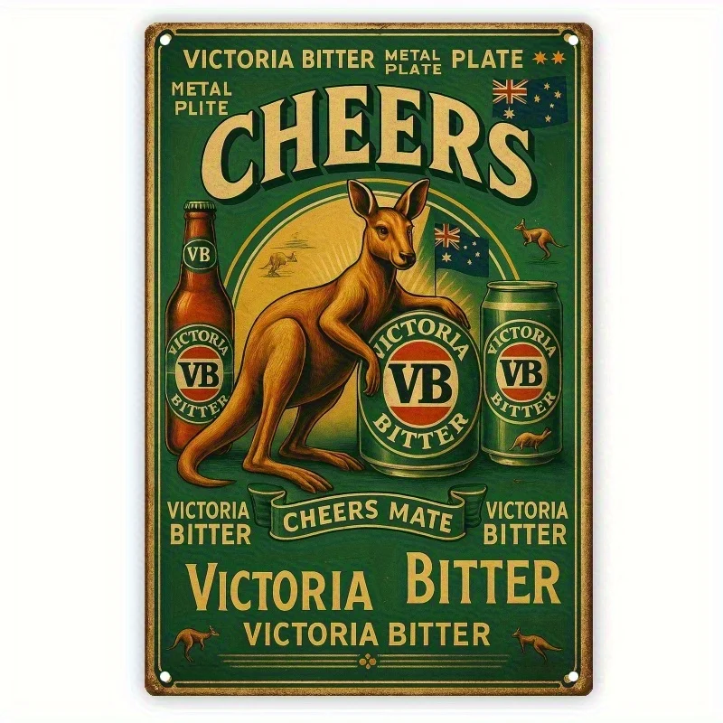 Letrero Metálico Vintage Victorian Bitter Beer de 7.8x 11.8 pulgadas - Decoración de Pared de Hierro Forjado con Canguro y Logotipo VB, Ideal para Hombres