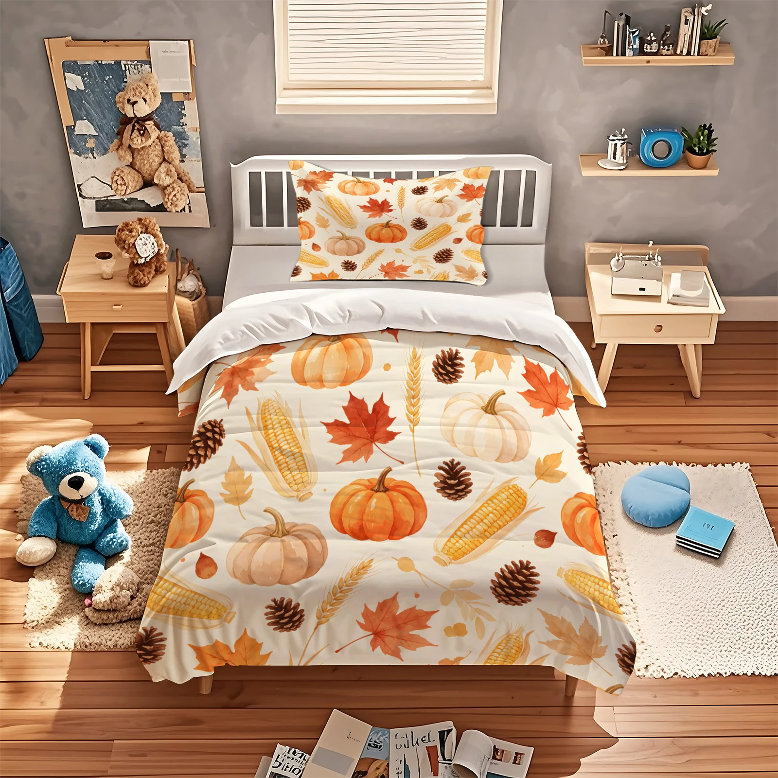 Fall Harvest Duvet Cover Set Watercolor Pumpkin Maple Leaf Corn Wheat Pinecone Printed Bedding Set Autumn Harvest Quilt Cover