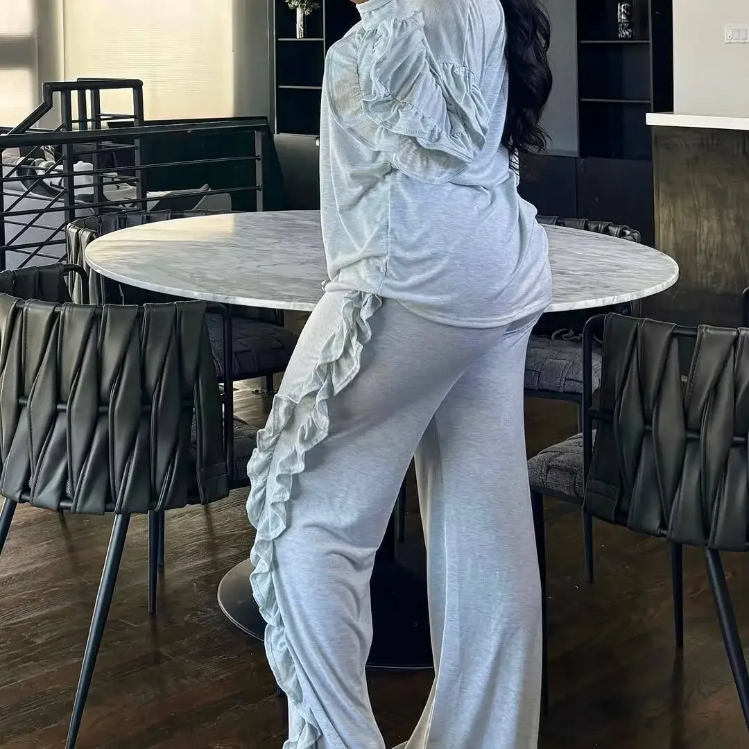 

Женский комплект: футболка с длинными рукавами и оборками, толстовка и широкие брюки для бега, осень 2024, комплекты из двух предметов, наряды