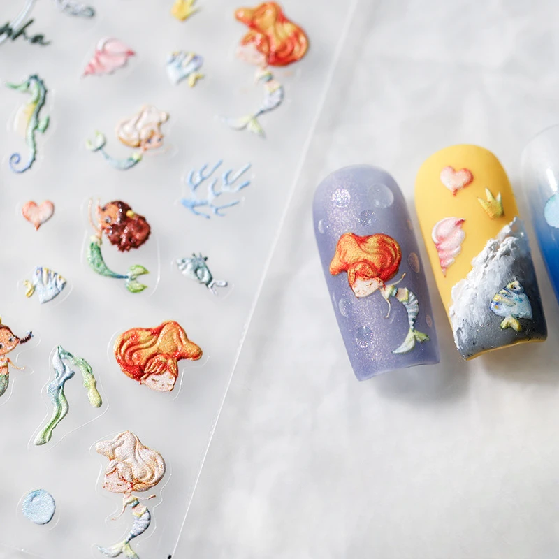 Starfish Dolphin Whale Summer Ocean Sea Mermaid Coral Seagrass Conch 5D Soft Embossed Relief Nail Art Sticker INS Manicure Decal