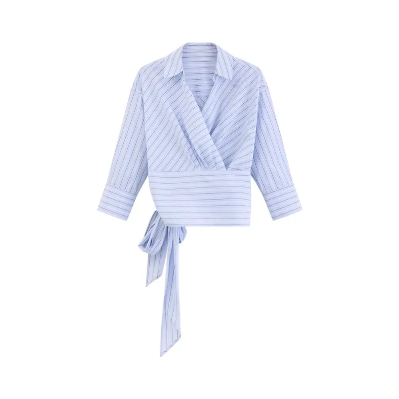 Stylish Wrap Front Tied Collar Striped Blouse Slim Fit Mid-Sleeve Shirt Perfect for Petite Women Trendy Flattering Design Top