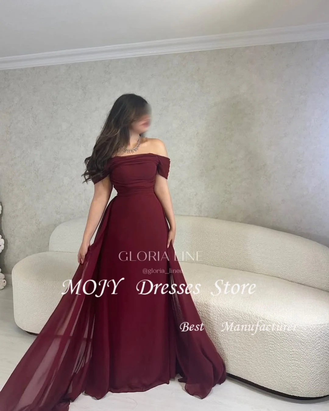 Mojy Arabische Abendkleider für Hochzeit, Party, schulterfrei, maßgeschneidert, Chiffon, Burgunderrot, Meerjungfrau, formelle Promi-Abschlussballkleider