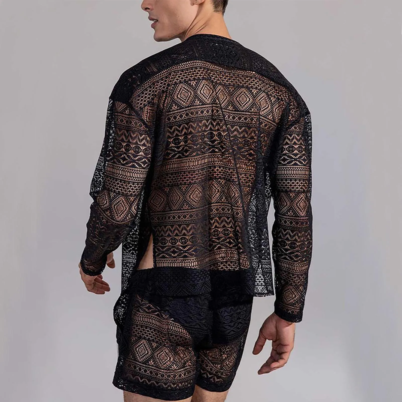 Conjuntos de dos piezas para hombre, trajes transparentes de encaje, Tops de manga larga y pantalones cortos con estampado de patrón liso para playa, verano, 2024