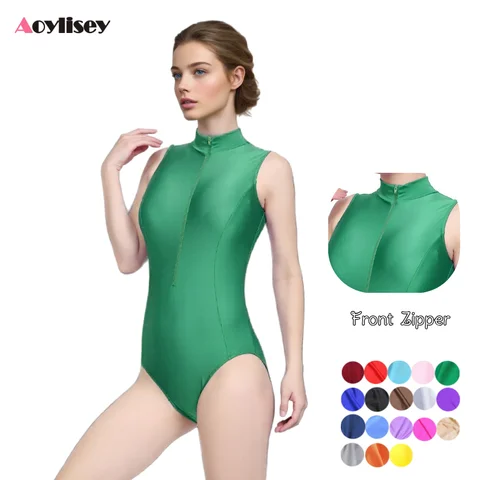 Kadın Atletik Leotard Bale Dans Eğitimi Takım Elbise Kolsuz Tulum Yüksek boyunlu Spandex Naylon Dans kıyafetleri Bodysuit