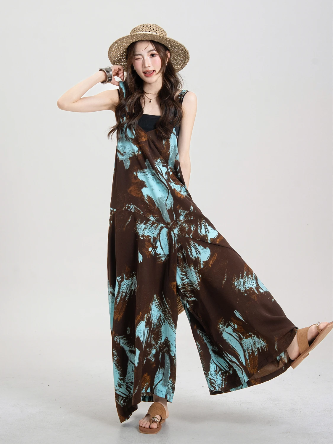 

Модный женский летний комбинезон с широкими штанинами, градиентным акварельным принтом, на бретелях, с завышенной талией, из охлаждающего полиэстера