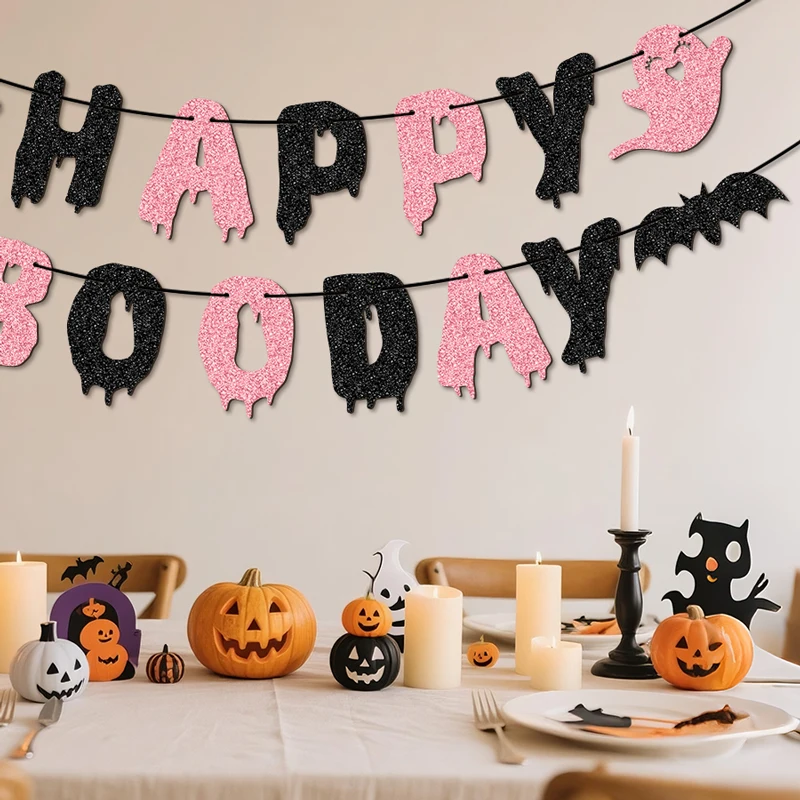 YOMDID Glitzer-Geburtstagsbanner „Happy Boo Day“ Partybanner mit Glückswünschen, Halloween-Geister und Fledermäusen, Geburtstagsdekorationen – Detail 12