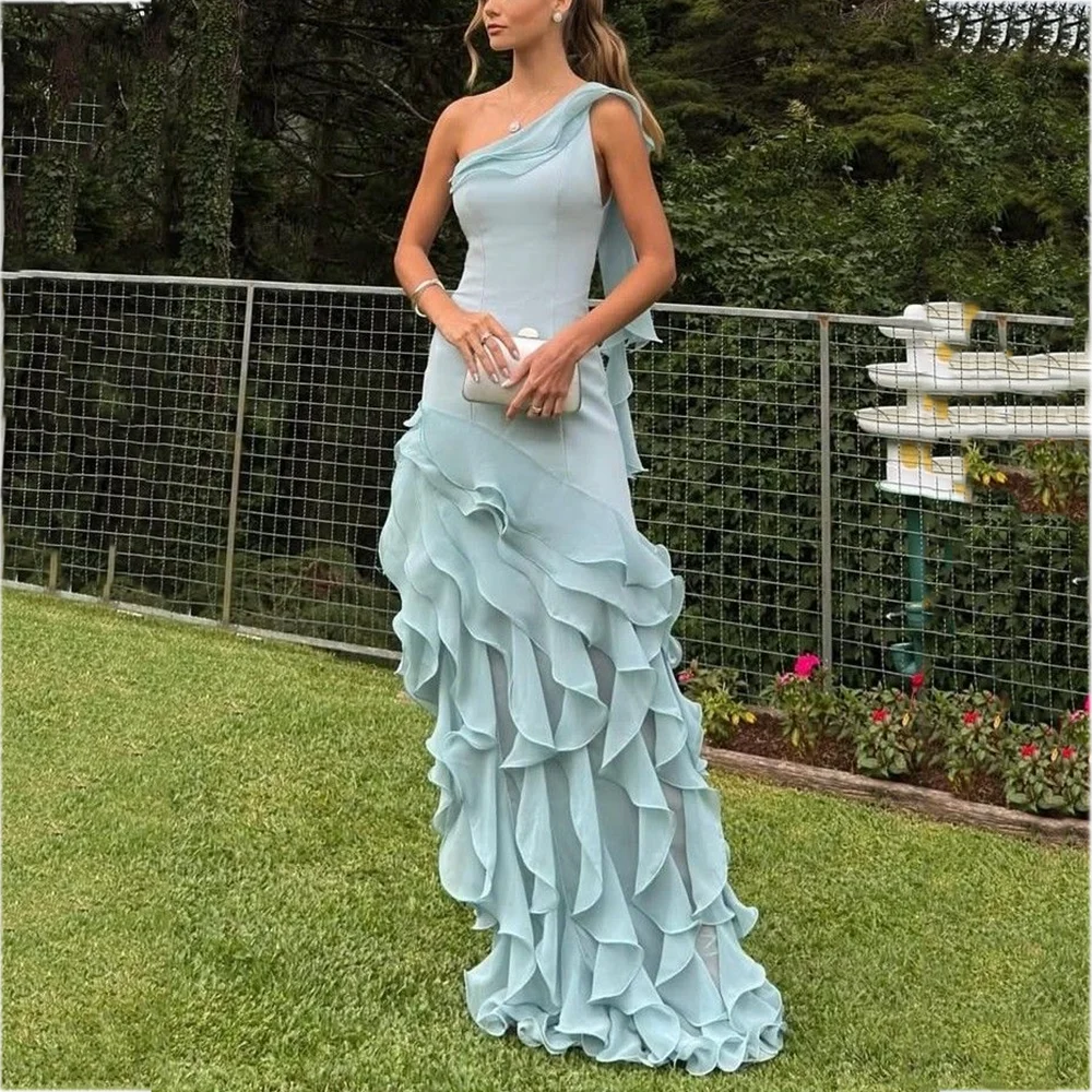 فستان سهرة عصري أنيق مكشكش بكتف واحد بدون أكمام فستان حفلات على شكل حرف A مكشكش بطول الأرض فستان حفلة خاص