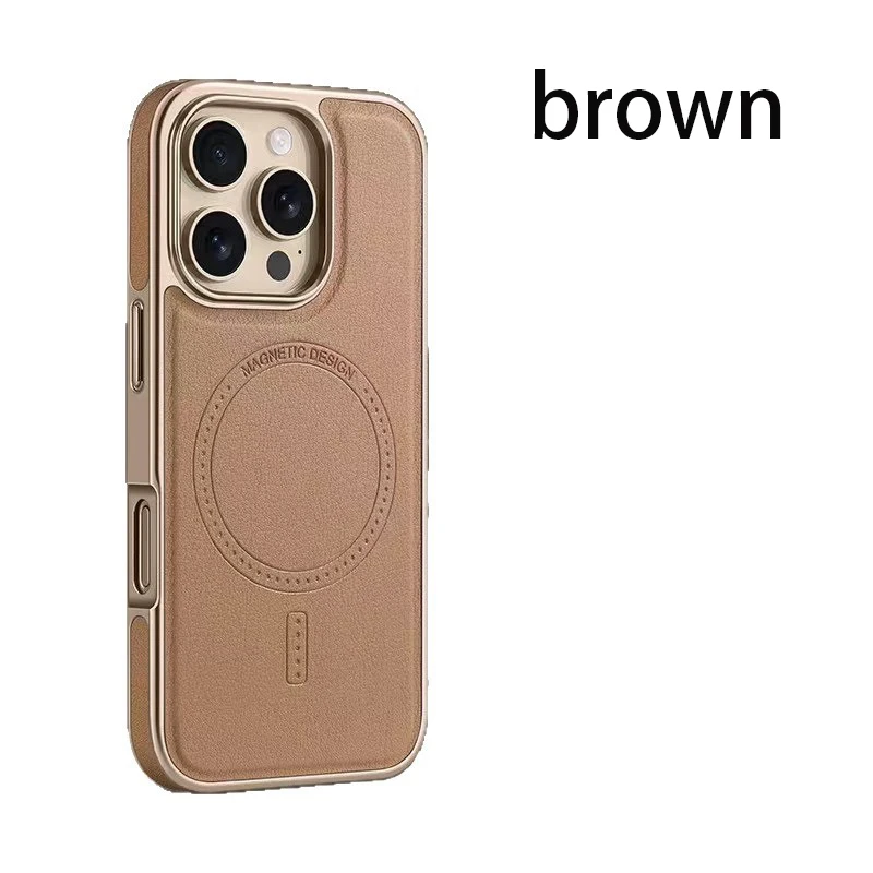 

Electroplated leather magnetic phone case for Apple 15 16 17 pro max with leather-covered frame and shock-resistant protective