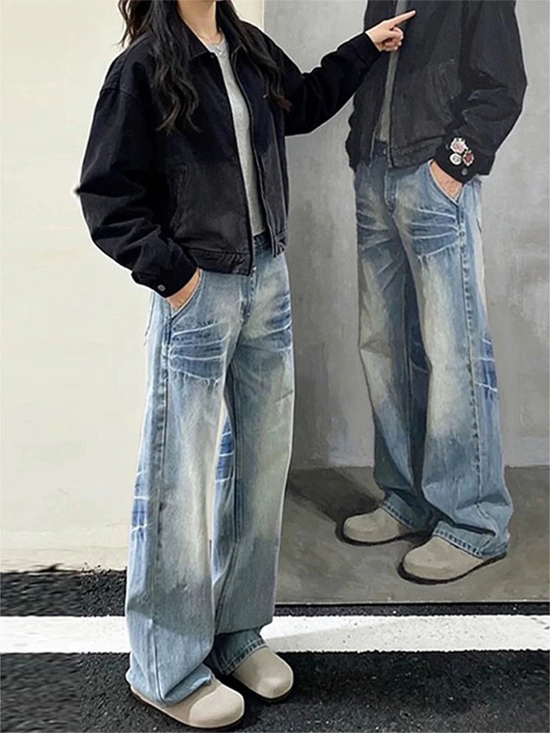 

Blue Lightning Pattern Straight Leg Men's Jeans American High Street Vibe CleanFit Knife Flared Long Trousers
