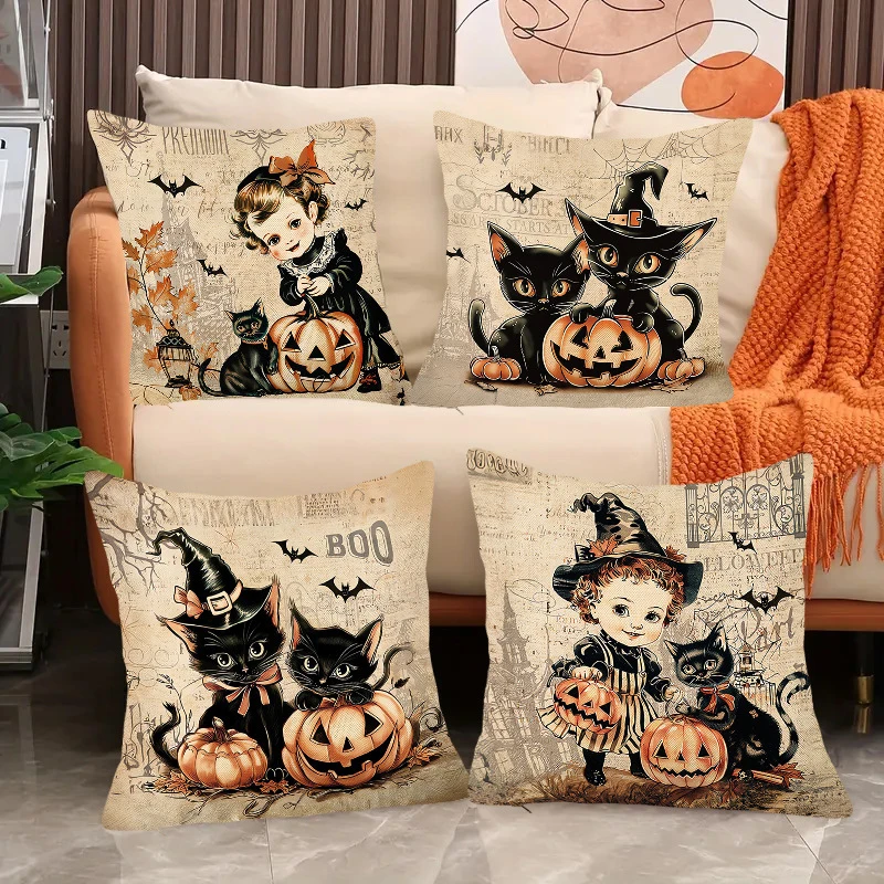 4pcs Funny Pumpkin Ghosts Black Cat Print Cushion Cover For Home Halloween Decorations Pillow Case Holiday Gifts