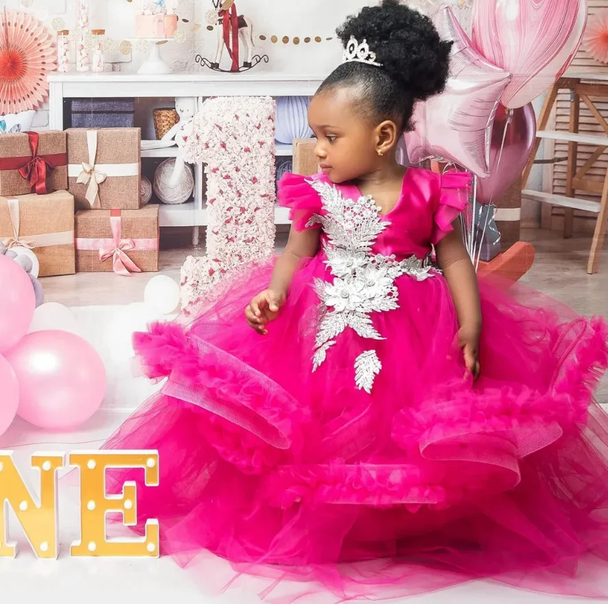 Fuchsia Toddler Girl First Birthday Dress Tiered Tulle Ball Gowns Queen Bow Decorated Little Girls Party Dress