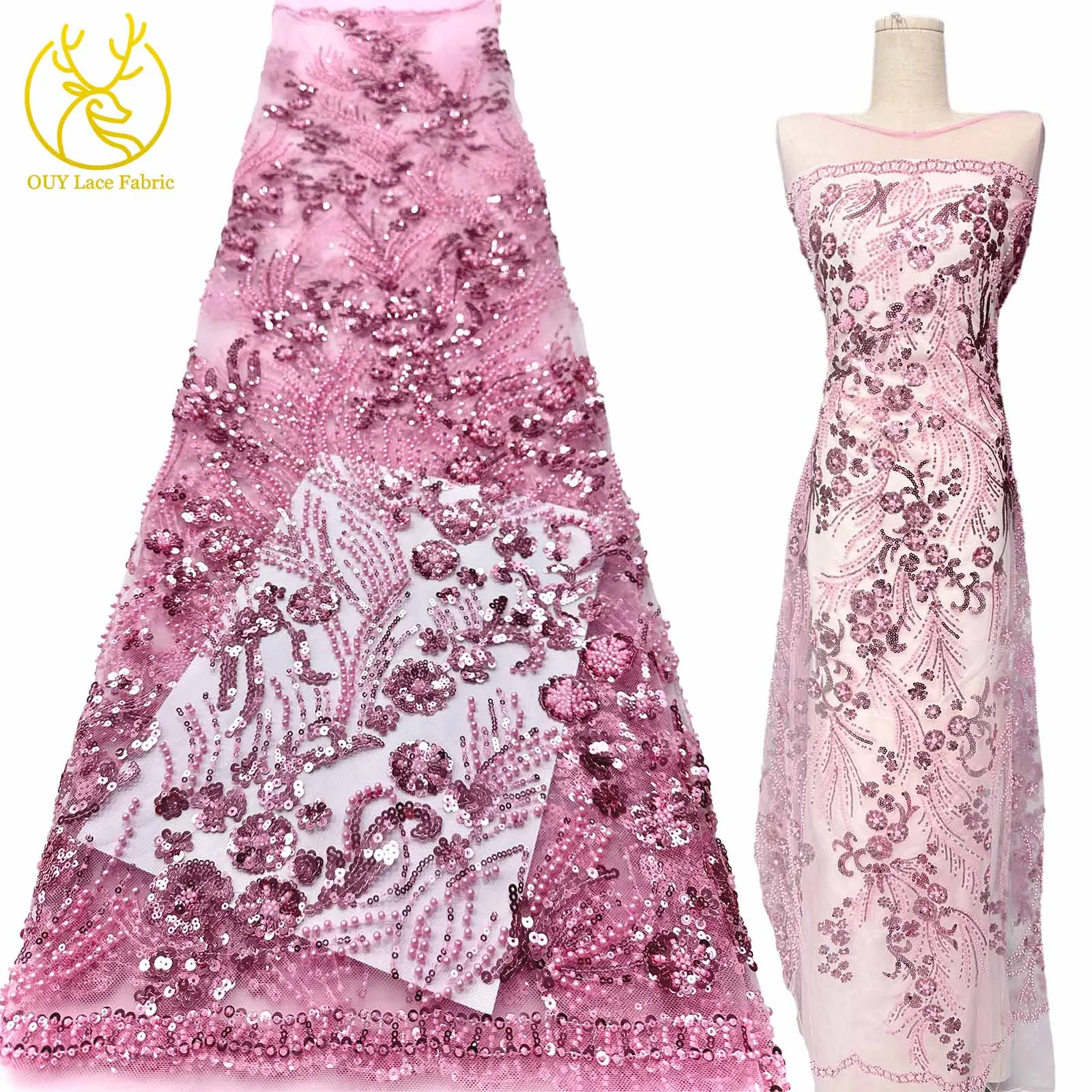 

Pink African Beaded Lace Fabric 5 yards France Nigeria Sequins 3D Embroidery Flower Lace Fabric for Party Wedding Dress Material