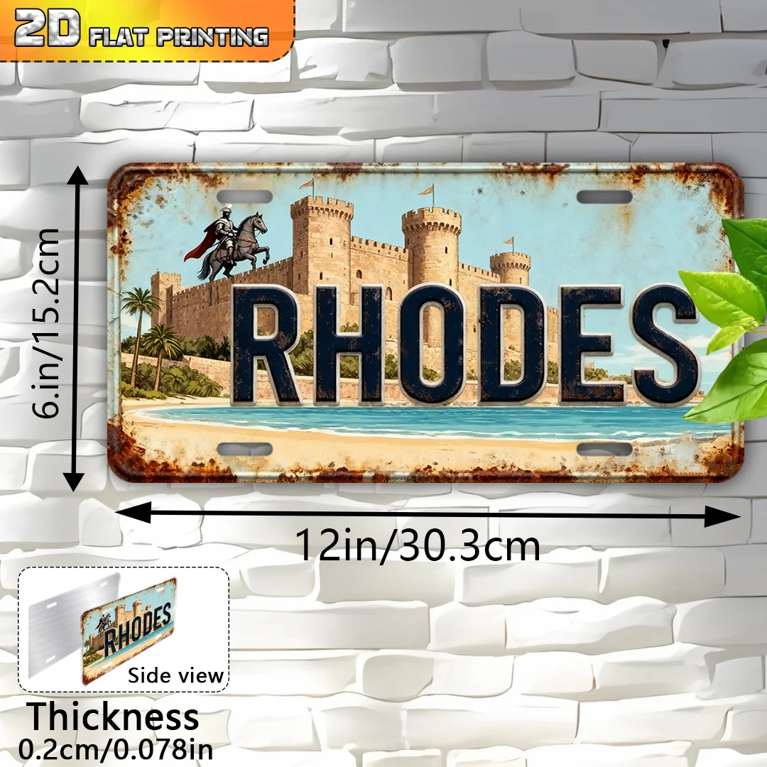 2D Flat, Large Vintage Rhodes Greece Aluminum Wall Art Sign - Greek Island Map with Castle of Rhodes & Colossus Suitable