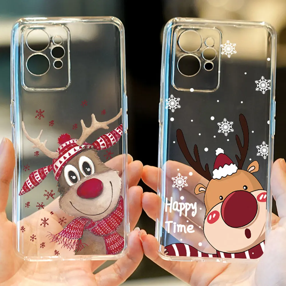 For Realme C35 Case For Realme 8 8i C31 9 Pro Plus 9i GT Neo 3 2 GT Pro Q3s Clear TPU Cute Christmas Santa Reindeer Phone Cover