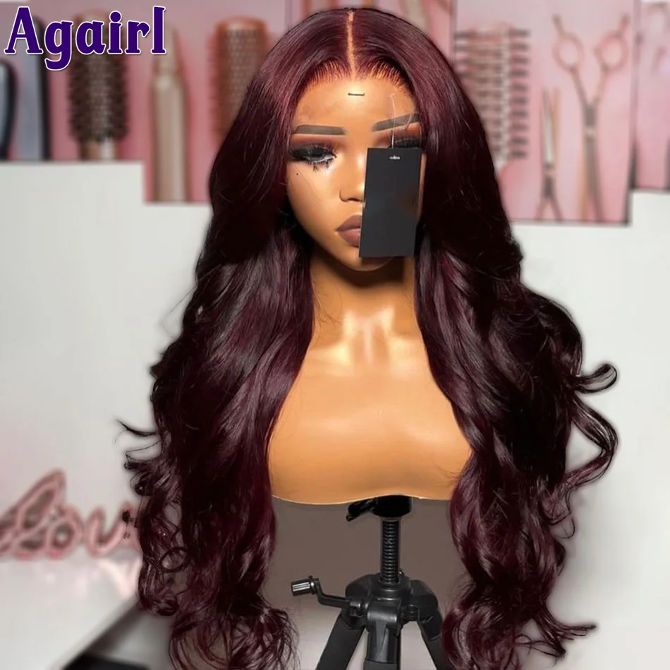 34 inci 13X6 gelap 99J Wig rambut manusia gelombang tubuh untuk wanita hitam Burgundy 13X4 Wig renda bergelombang depan sebelum dipetik 4X6 siap Go Wig