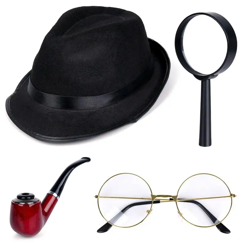 Detective Costume Classic Book Novel Character Iconic Deerstalker Hat Pipe Prop Magnifying Glass For 1920s Detective Role Play