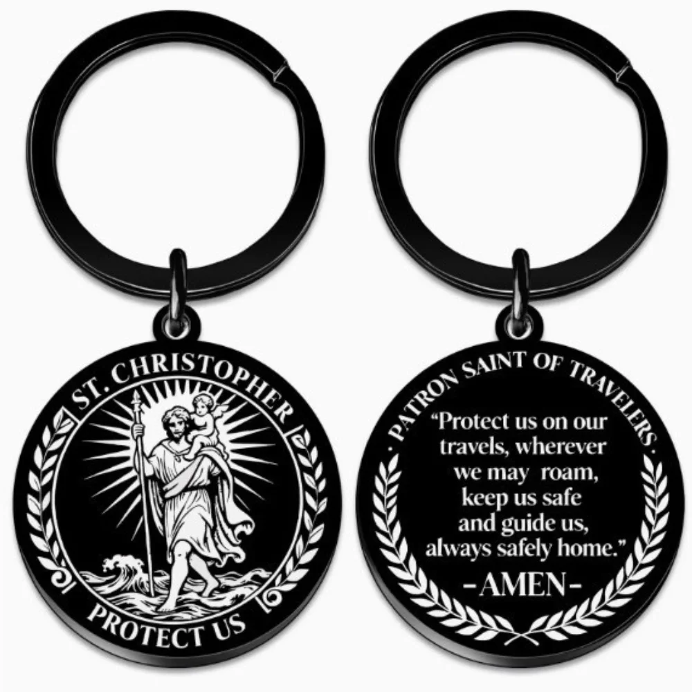 New Saint Christopher Stainless Steel Keychain with Multiple Character Patterns Cross Design Keychain Pendant Gift for Friends