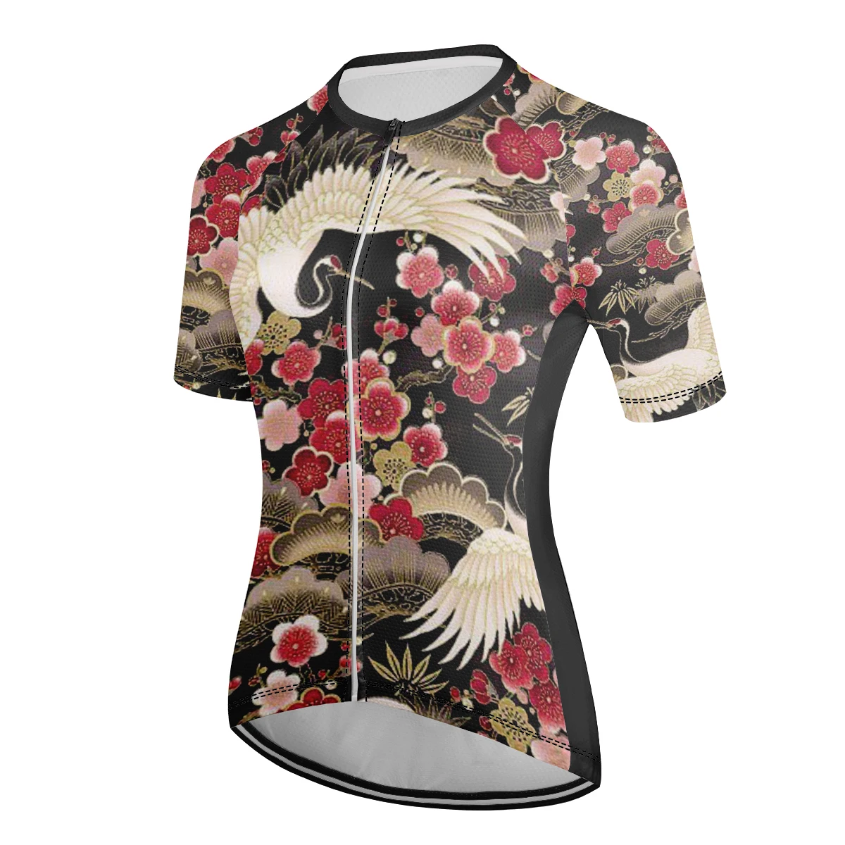 2024 summer new white crane and flower, suitable for women\'s cycling sweatshirt short sleeve, reflective strip absorb sweat